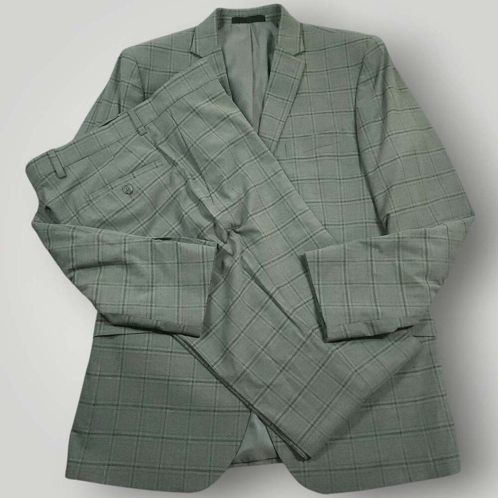 Kenneth Cole Reaction Suit Mens 42L Slim Fit Performance 2 Piece Drop 7 Plaid